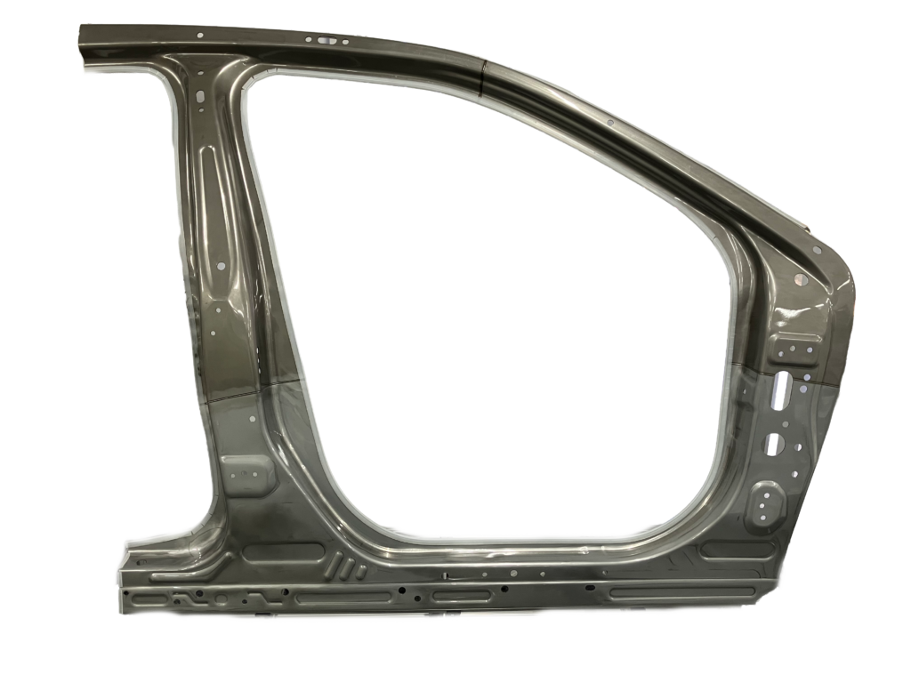 Metal car body frame section forming a curved rectangular opening with mounting holes and welded joins.