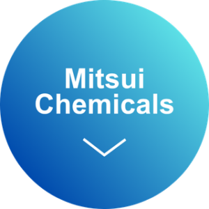 Circular blue gradient button reading 'Mitsui Chemicals' with a down arrow, indicating to scroll down.