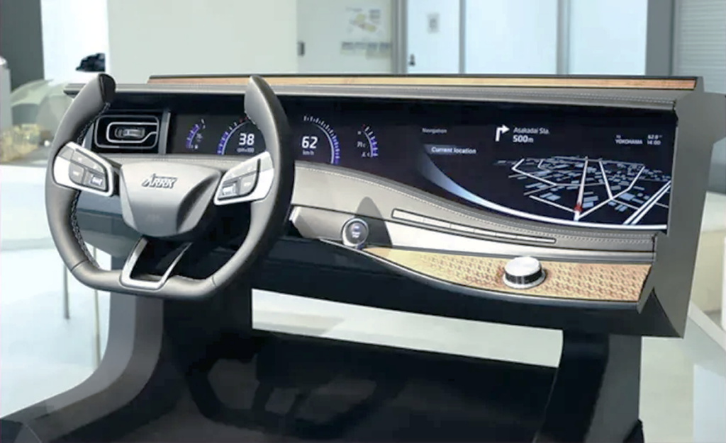 Futuristic car dashboard with a wide digital instrument cluster and navigation screen, brown trim, and a sporty steering wheel.