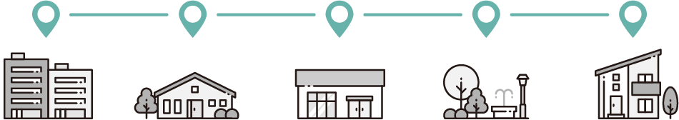 Route diagram with five teal location pins above a row of buildings: office, house, storefront, park, and modern home.