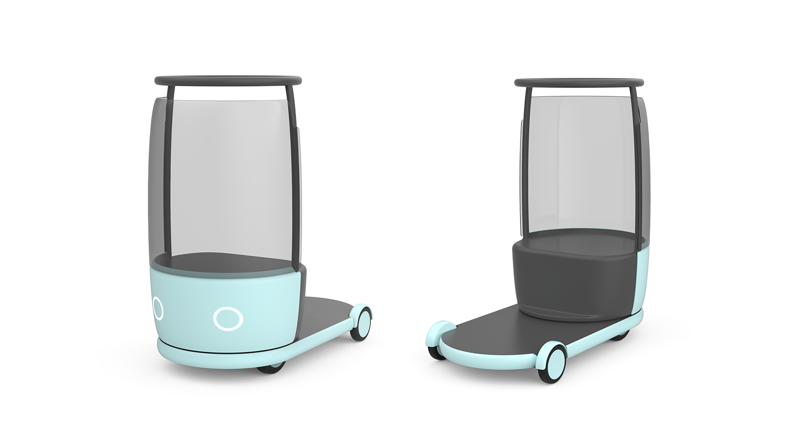 Two autonomous, glass-enclosed mobility pods on light-blue scooter bases, shown from front-left and front-right angles.