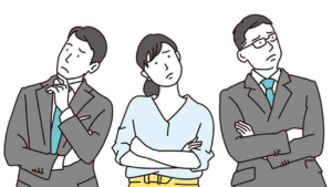 Three adults in business attire stand side by side with puzzled expressions, arms crossed or touching faces, looking upward.