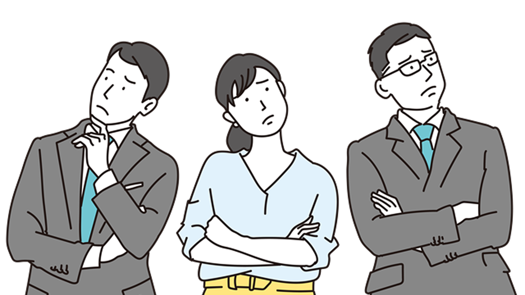 Three adults in business attire stand side by side with puzzled expressions, arms crossed or touching faces, looking upward.