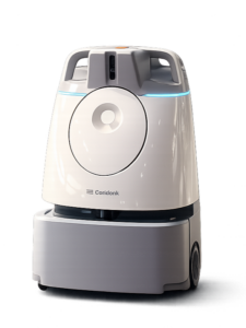 Autonomous floor-cleaning robot with a circular front panel, white body, and blue LED ring.