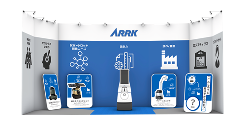 Trade show booth with ARRK branding, blue backdrop, and several product displays on white pedestals.