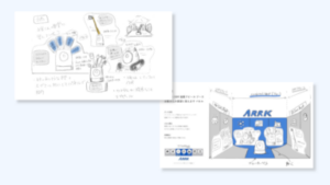 Two-panel storyboard with hand-drawn sketches and Japanese notes; left panel highlights a blue hand symbol and icons, right panel shows additional diagrams and annotations in a white layout.